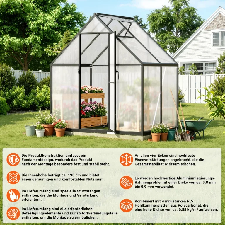 Aluminium Gewächshaus mit Fenster & Metall-Türgriff, 123×180×195cm, Verstärkte Eisen-Ecken, Hagel- & Winterfest PC-Hartplatten Gewächshaus für Garten Balkon Terrasse, Schwarz – Bild 8