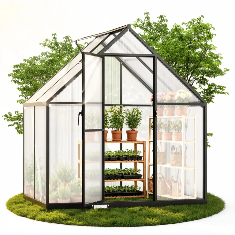 Aluminium Gewächshaus mit Fenster & Metall-Türgriff, 123×180×195cm, Verstärkte Eisen-Ecken, Hagel- & Winterfest PC-Hartplatten Gewächshaus für Garten Balkon Terrasse, Schwarz – Bild 1