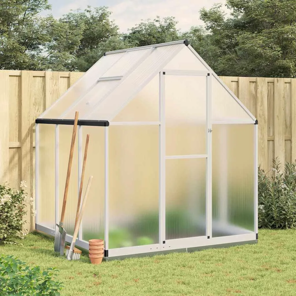 Aluminium Gewächshaus Silbern 169x169x202 cm mit Dachrinnensystem, Polycarbonatplatten, Fundamentrahmen aus verzinktem Stahl und verstellbarem Lüftungsfenster für Hobbygartenbau - Bild 1