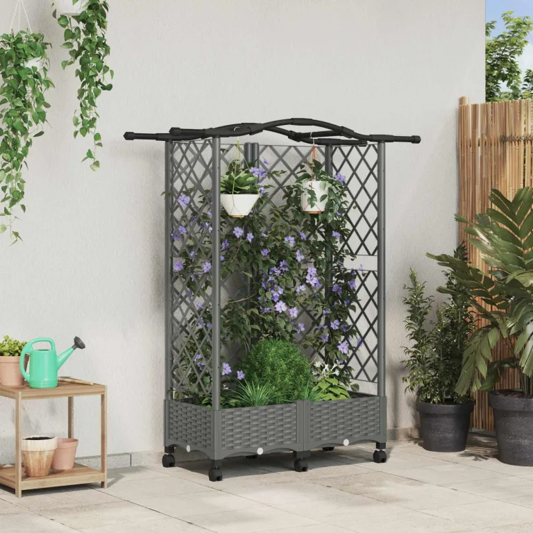 vidaXL Hochbeet mit Rankgitter und Dach Hellgrau 124 x 40 x 129 cm PP, Garten & Terrasse, moderner Kräutertopf, Hochbeet mit Dach, mobil, Gemüse, Urbane Gartenideen – Bild 2