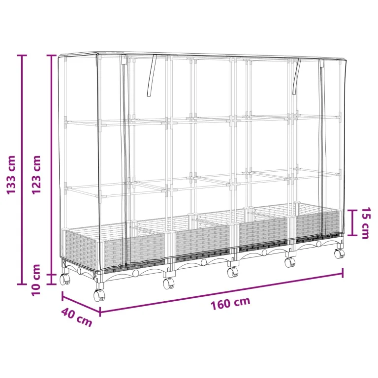 vidaXL Pflanzgefäß für den Garten, mit Abdeckung für Gewächshaus und Rollen, 4 Stück, Polypropylen, für Garten und Terrasse, rechteckig, modern, mit beweglichem Becken, höhenverstellbar, wasserfest – Bild 3