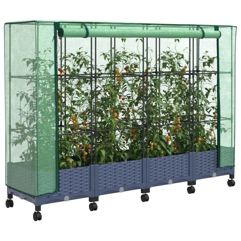 vidaXL Pflanzgefäß für den Garten, mit Abdeckung für Gewächshaus und Rollen, 4 Stück, Polypropylen, für Garten und Terrasse, rechteckig, modern, mit beweglichem Becken, höhenverstellbar, wasserfest – Bild 1