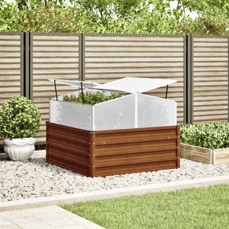 Hochbeet mit Gewächshausaufsatz aus Cortenstahl, 100x100x77 cm, wetterfester Pflanzkasten mit Aluminiumrahmen, ideal für Balkon, Garten, Terrasse, Kräuter – Bild 2