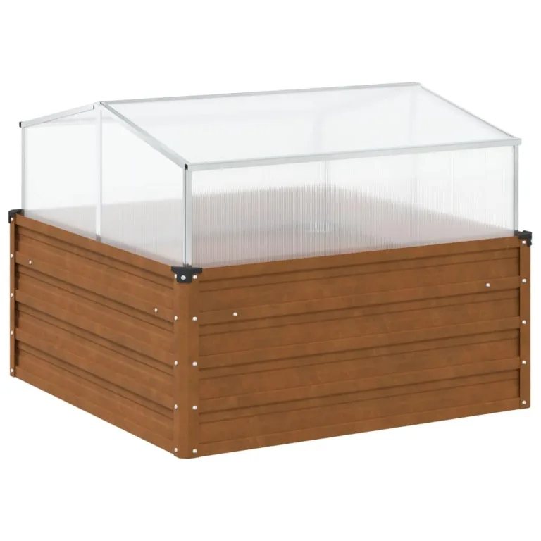 Hochbeet mit Gewächshausaufsatz aus Cortenstahl, 100x100x77 cm, wetterfester Pflanzkasten mit Aluminiumrahmen, ideal für Balkon, Garten, Terrasse, Kräuter – Bild 5