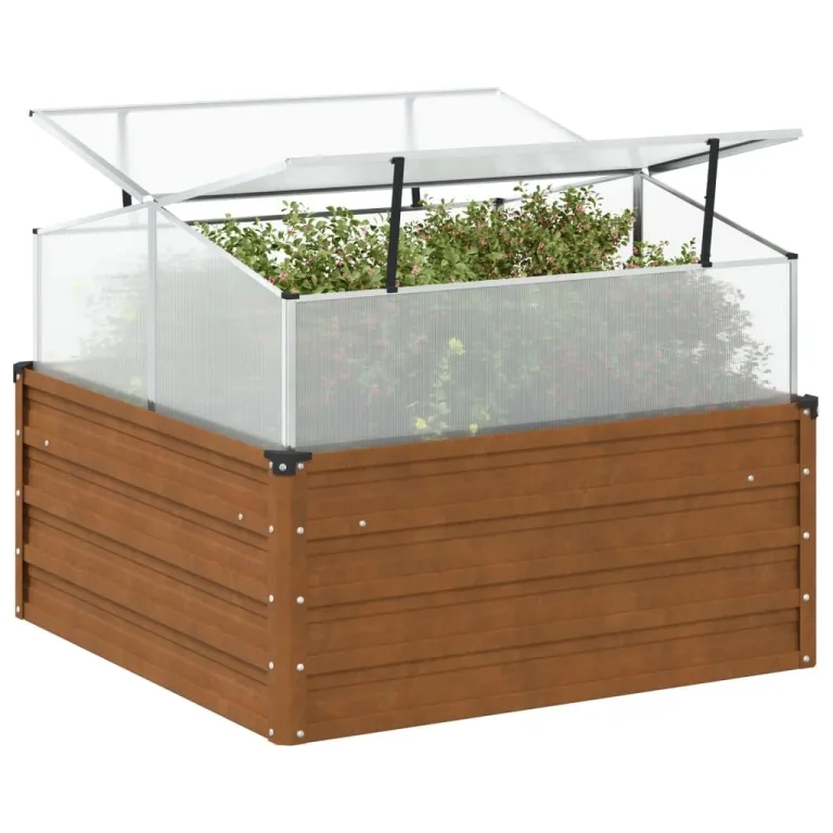 Hochbeet mit Gewächshausaufsatz aus Cortenstahl, 100x100x77 cm, wetterfester Pflanzkasten mit Aluminiumrahmen, ideal für Balkon, Garten, Terrasse, Kräuter – Bild 1
