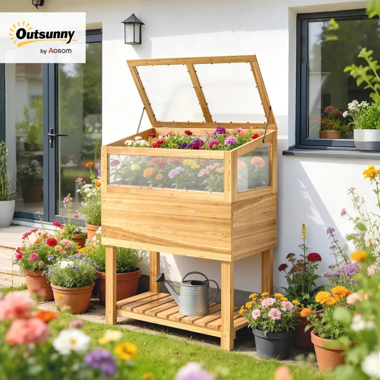 Outsunny Hochbeet mit Frühbeetaufsatz aus Holz Ergonomisch erhöhter Pflanzkasten mit aufklappbarer Abdeckung Vliesstoff Regal Gemüsebeet Blumenkasten für Balkon Garten 80x45x108,5cm Naturholz – Bild 2