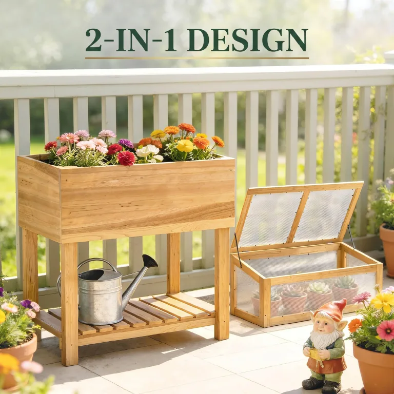 Outsunny Hochbeet mit Frühbeetaufsatz aus Holz Ergonomisch erhöhter Pflanzkasten mit aufklappbarer Abdeckung Vliesstoff Regal Gemüsebeet Blumenkasten für Balkon Garten 80x45x108,5cm Naturholz – Bild 3