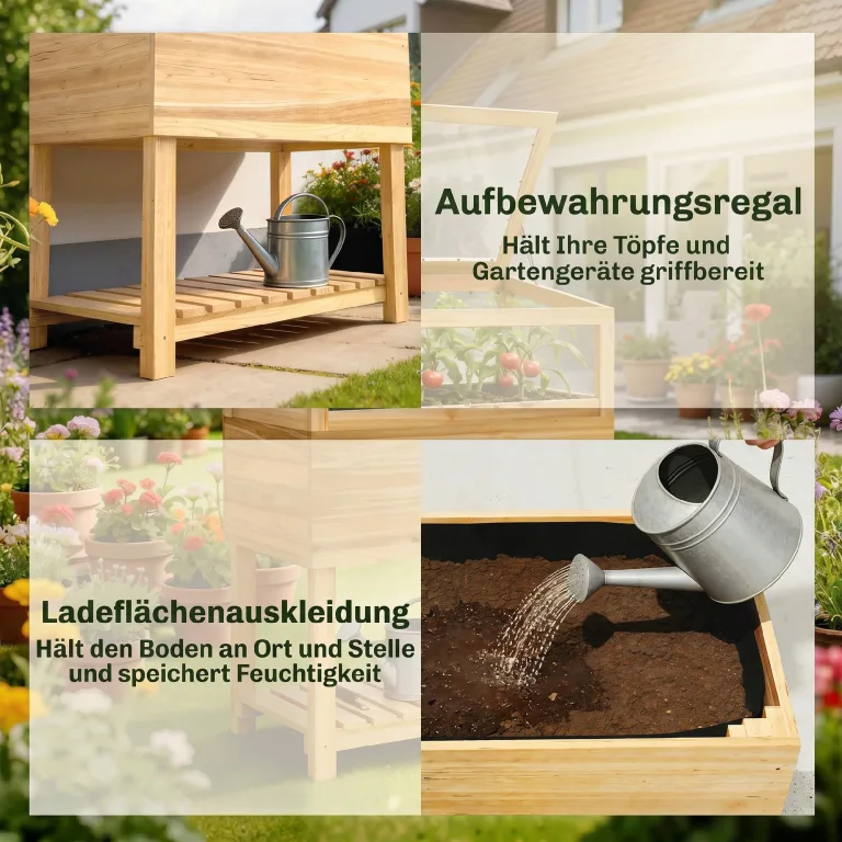 Outsunny Hochbeet mit Frühbeetaufsatz aus Holz Ergonomisch erhöhter Pflanzkasten mit aufklappbarer Abdeckung Vliesstoff Regal Gemüsebeet Blumenkasten für Balkon Garten 80x45x108,5cm Naturholz – Bild 6