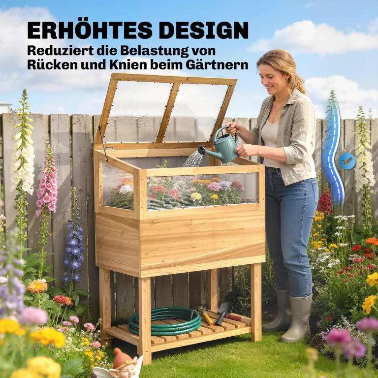 Outsunny Hochbeet mit Frühbeetaufsatz aus Holz Ergonomisch erhöhter Pflanzkasten mit aufklappbarer Abdeckung Vliesstoff Regal Gemüsebeet Blumenkasten für Balkon Garten 80x45x108,5cm Naturholz – Bild 8