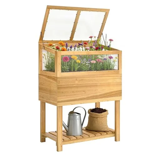 Outsunny Hochbeet mit Frühbeetaufsatz aus Holz Ergonomisch erhöhter Pflanzkasten mit aufklappbarer Abdeckung Vliesstoff Regal Gemüsebeet Blumenkasten für Balkon Garten 80x45x108,5cm Naturholz – Bild 10