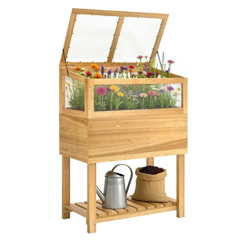 Outsunny Hochbeet mit Frühbeetaufsatz aus Holz Ergonomisch erhöhter Pflanzkasten mit aufklappbarer Abdeckung Vliesstoff Regal Gemüsebeet Blumenkasten für Balkon Garten 80x45x108,5cm Naturholz – Bild 1