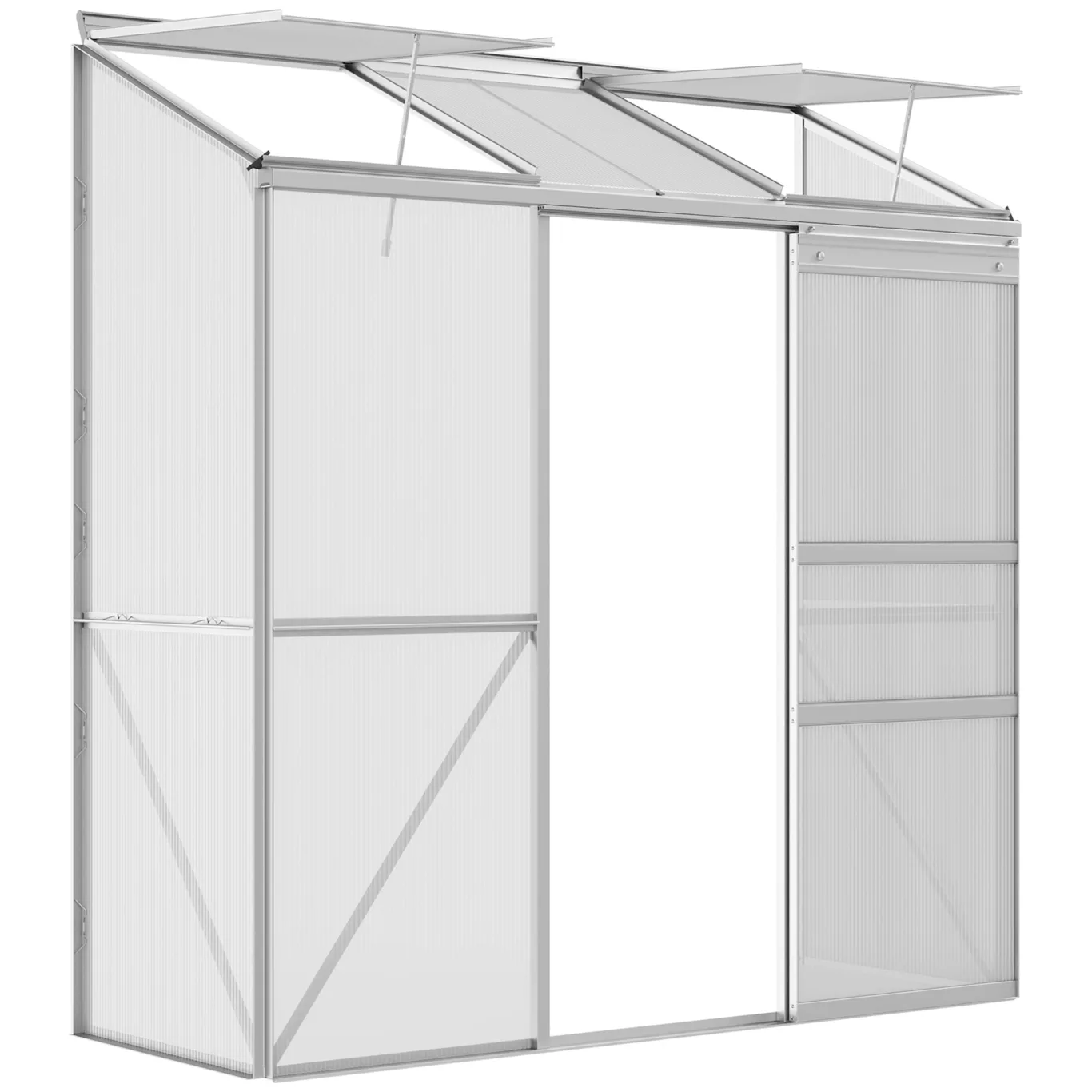 Outsunny Gewächshaus aus Polycarbonat und Alu mit Schiebetür, aufklappbaren Dachfenstern, Treibhaus Tomatenhaus Pflanzenhaus für Garten, 192 x 68 x 196 cm, Silber - Bild 1