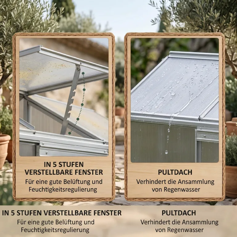 Outsunny Gewächshaus aus Polycarbonat und Alu mit Schiebetür, aufklappbaren Dachfenstern, Treibhaus Tomatenhaus Pflanzenhaus für Garten, 192 x 68 x 196 cm, Silber – Bild 4