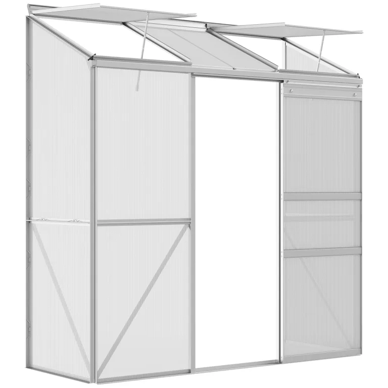 Outsunny Gewächshaus aus Polycarbonat und Alu mit Schiebetür, aufklappbaren Dachfenstern, Treibhaus Tomatenhaus Pflanzenhaus für Garten, 192 x 68 x 196 cm, Silber – Bild 1