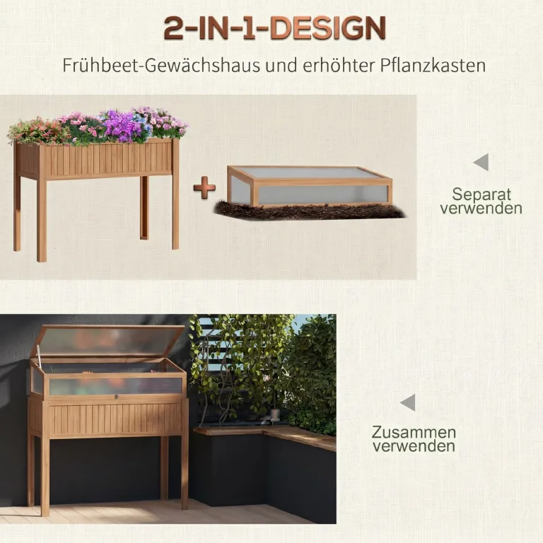 Outsunny Hochbeet Holz mit 2-in-1 Frühbeet Gewächshaus Tomatenhaus Gemüsebeet Kräuterbeet Pflanzkasten für Terrasse Balkon und Garten Polycarbonat 120 x 54 x 112/122 cm Grau – Bild 2