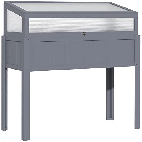 Outsunny Hochbeet Holz mit 2-in-1 Frühbeet Gewächshaus Tomatenhaus Gemüsebeet Kräuterbeet Pflanzkasten für Terrasse Balkon und Garten Polycarbonat 120 x 54 x 112/122 cm Grau – Bild 9