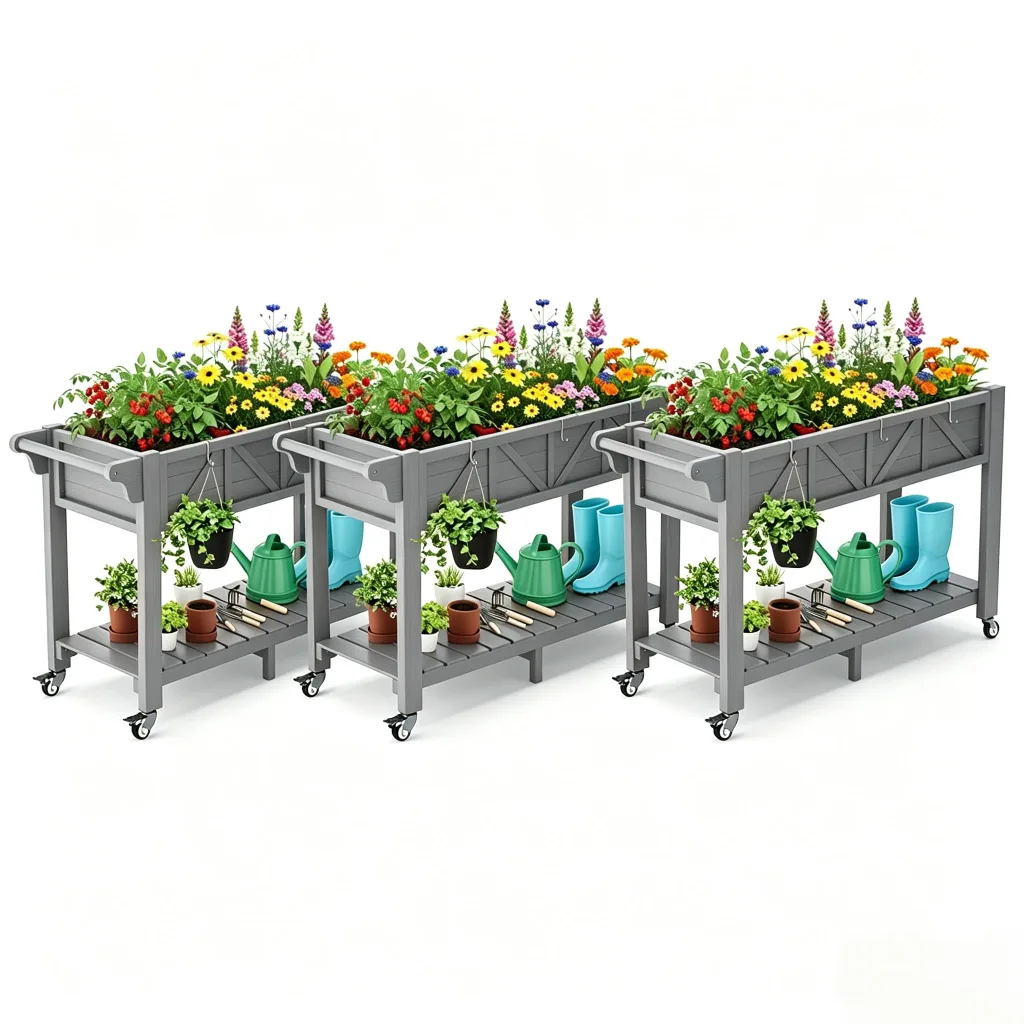 Hochbeet 120x44x70cm, HIPS Hochbeet mit Rollen & Griff, 3 Haken & Vlieseinlage, Für Gemüse Blumen Kräuter, Garten Balkon Terrasse,3pcs Grau