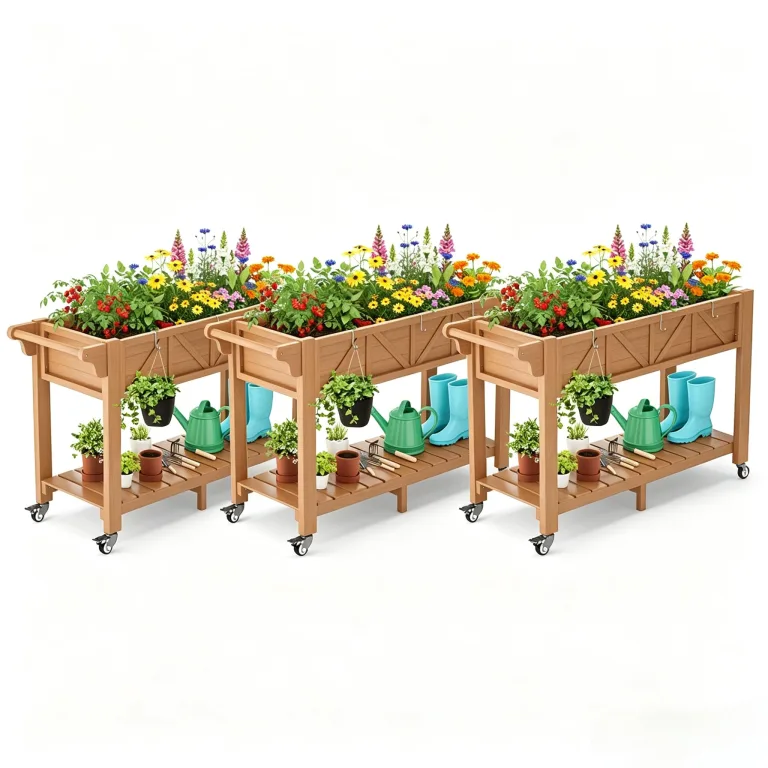 Hochbeet 120x44x70cm, HIPS Hochbeet mit Rollen & Griff, 3 Haken & Vlieseinlage, Für Gemüse Blumen Kräuter, Garten Balkon Terrasse,3pcs Grau – Bild 6