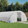 Gewächshaus mit Stahlrahmen Weiß 40 m² 10x4x2 m, wetterfestes Pflanzenhaus mit PE-Folie, Belüftung durch Fenster und Tür, ideal für Gemüseanbau, Tomatenhaus, Frühbeet, Balkon und Garten - Thumbnail 1