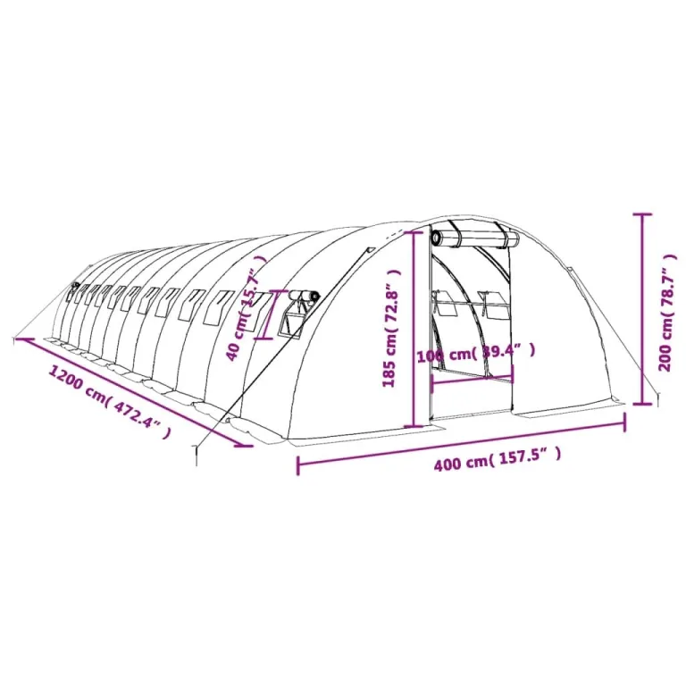 Gewächshaus mit Stahlrahmen Weiß 48 m² 12x4x2 m, wetterfestes Pflanzenhaus mit PE-Folie, Belüftung durch Fenster und Tür, ideal für Gemüseanbau und Überwinterung auf Balkon oder Garten – Bild 9