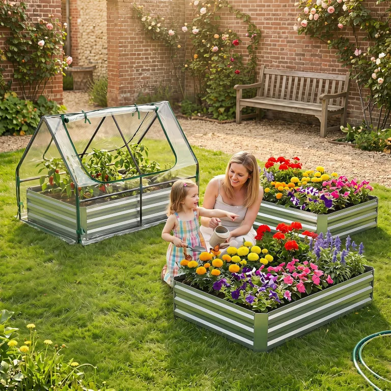 COSTWAY 3 in 1 Gewächshaus mit Hochbeet, Metall Pflanzkasten, PVC-Folie, Blumenbeet mit Zwei Fenstern, Rechteckiges Frühbeet für Blumen, Kräuter im Garten, Terrasse und Balkon (127 x 97 x 93 cm) – Bild 8