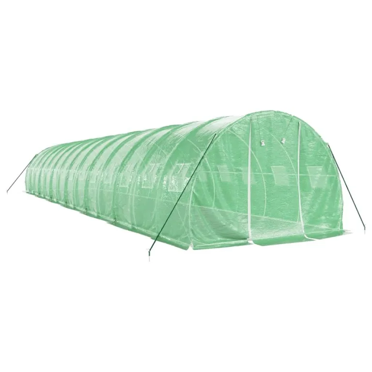 Gewächshaus mit Stahlrahmen 42 m² 14x3x2 m grün, UV-beständige PE-Folie, aufrollbare Fenster und Tür, wetterfest für Garten, Gemüse, Pflanzen, Frostschutz, Outdoor Nutzung – Bild 2