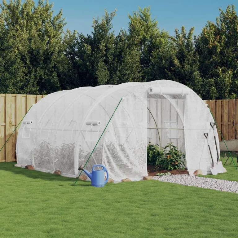 Gewächshaus mit Stahlrahmen Weiß 12 m² 4x3x2 m, PE-Abdeckung UV-beständig, mit Rolltür und 4 Fenstern für Garten Gemüse Obst Schutz, wetterfest und frostschutzfähig – Bild 1
