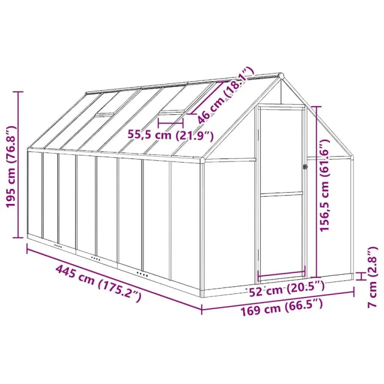 Gewächshaus mit Aluminium Rahmen und Fundamentrahmen 445x169x195 cm, UV-beständiges Polycarbonat Treibhaus für Garten und Terrasse mit Lüftungsfenster, Tür und wetterfestem Pflanzen Schutz – Bild 8