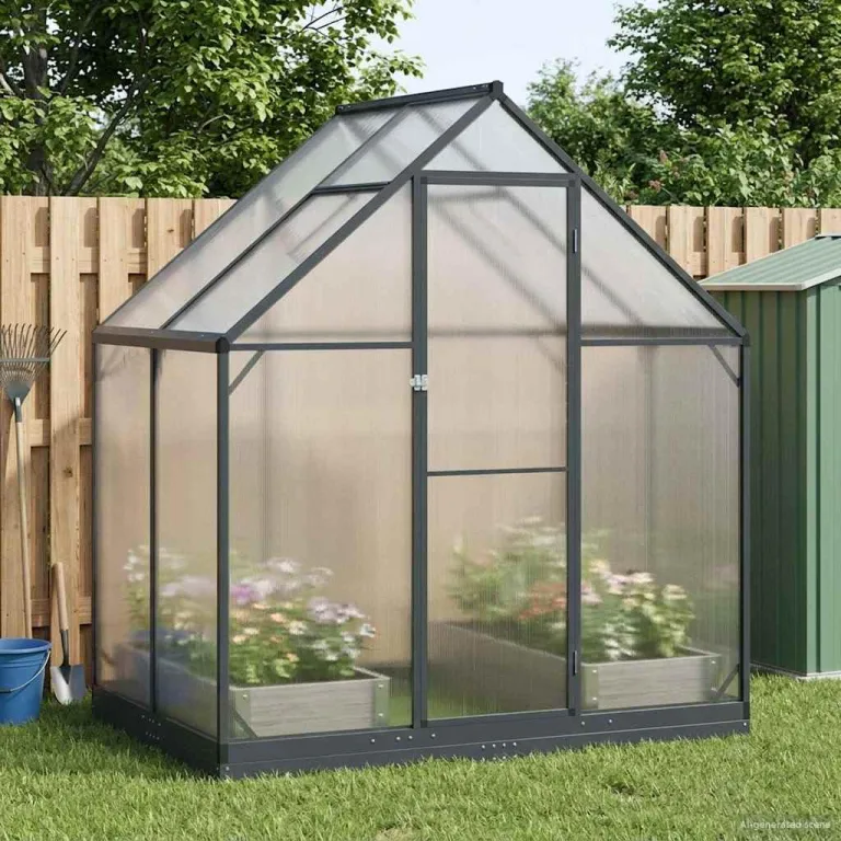 Garten Gewächshaus aus Aluminium und verzinktem Stahl Anthrazit mit Tür 183,5 x 243,5 x 207 cm wetterfest für Pflanzenhaus, Tomatenhaus, Gemüseanbau im Outdoor Garten, Balkon oder Terrasse – Bild 9