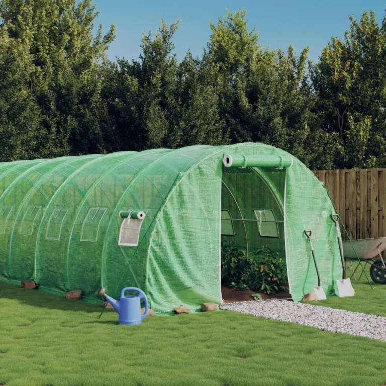 Gewächshaus mit Stahlrahmen Weiß 48 m² 16x3x2 m, stabiler Rahmen, UV-beständige PE-Folie, aufrollbare Fenster, Gartentunnel für Pflanzen, Schutz vor Frost und Wetter – Bild 10