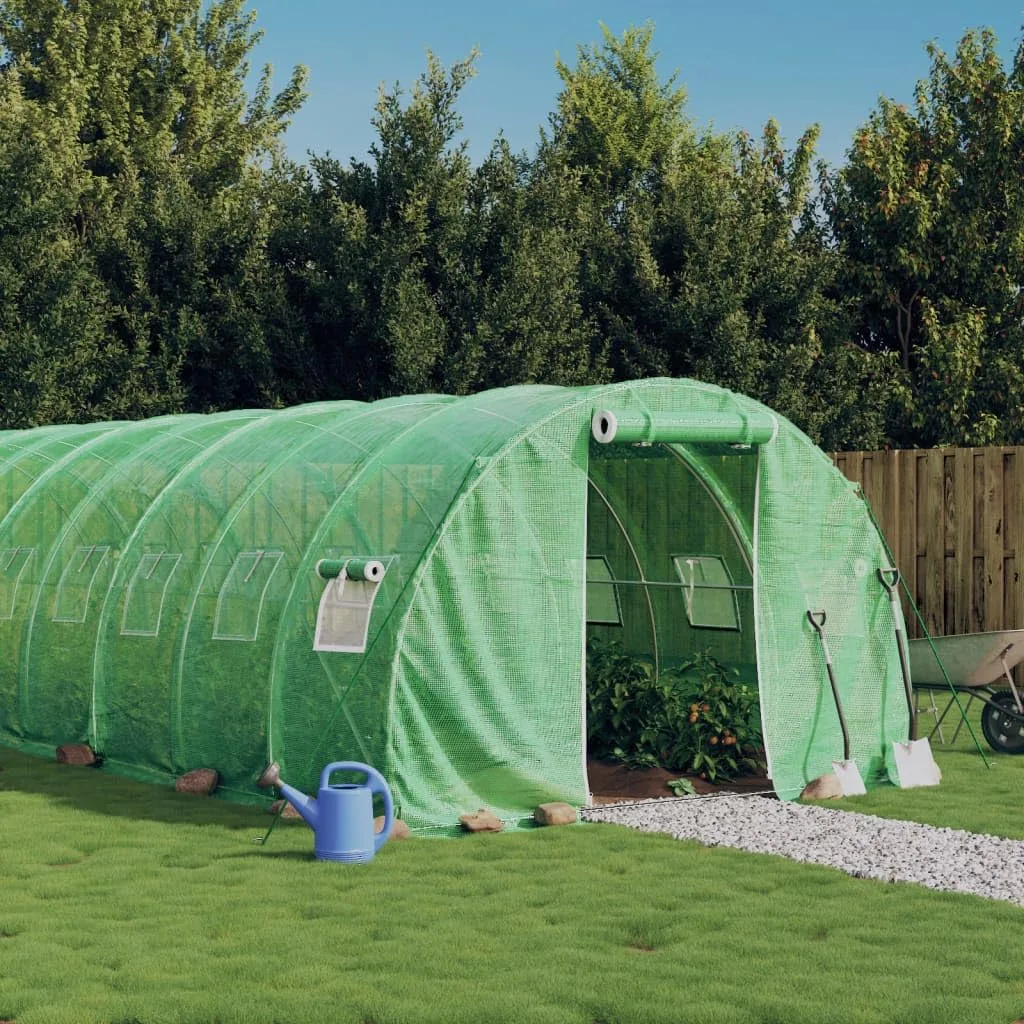 Gewächshaus mit Stahlrahmen und PE-Abdeckung Grün 16x3x2 m 48 m², mit aufrollbaren Netzfenstern und Reißverschlusstür für Garten, Outdoor Pflanzen Schutz und Gemüse Anzucht - Bild 1