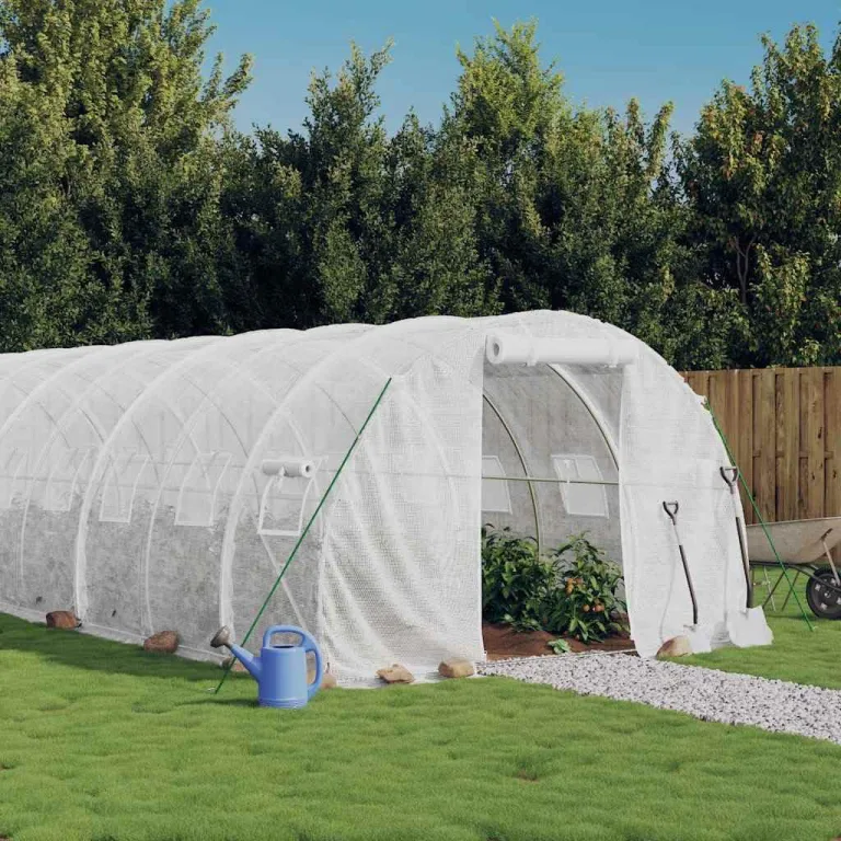 Gewächshaus mit Stahlrahmen und PE-Abdeckung Grün 16x3x2 m 48 m², mit aufrollbaren Netzfenstern und Reißverschlusstür für Garten, Outdoor Pflanzen Schutz und Gemüse Anzucht – Bild 10