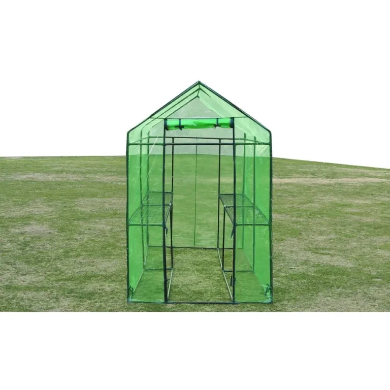 Gewächshaus Stahl XL mit pulverbeschichtetem Stahlrahmen, grüner reißfester PVC-Folie, Größe 120 x 240 x 190 cm, 2 Regale, wetterfestes Pflanzenhaus für Tomaten, Gemüseanbau, Balkon – Bild 2
