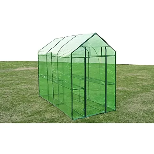 Gewächshaus Stahl XL mit pulverbeschichtetem Stahlrahmen, grüner reißfester PVC-Folie, Größe 120 x 240 x 190 cm, 2 Regale, wetterfestes Pflanzenhaus für Tomaten, Gemüseanbau, Balkon – Bild 6