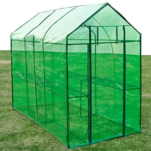 Gewächshaus Stahl XL mit pulverbeschichtetem Stahlrahmen, grüner reißfester PVC-Folie, Größe 120 x 240 x 190 cm, 2 Regale, wetterfestes Pflanzenhaus für Tomaten, Gemüseanbau, Balkon – Bild 10