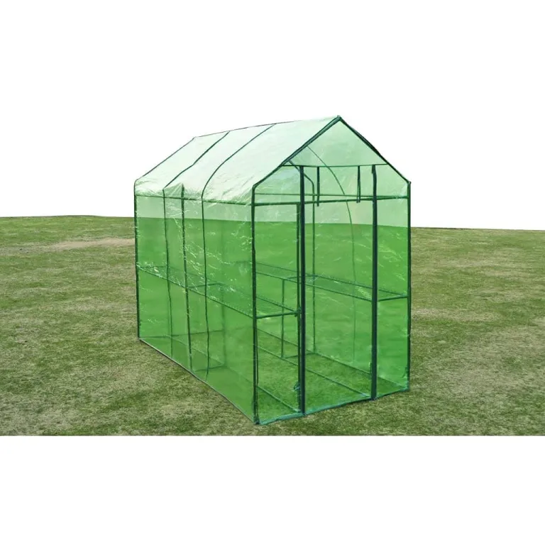 Gewächshaus Stahl XL mit pulverbeschichtetem Stahlrahmen, grüner reißfester PVC-Folie, Größe 120 x 240 x 190 cm, 2 Regale, wetterfestes Pflanzenhaus für Tomaten, Gemüseanbau, Balkon – Bild 1