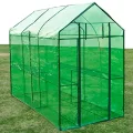 Gewächshaus Stahl XL mit pulverbeschichtetem Stahlrahmen, grüner reißfester PVC-Folie, Größe 120 x 240 x 190 cm, 2 Regale, wetterfestes Pflanzenhaus für Tomaten, Gemüseanbau, Balkon - Thumbnail 10