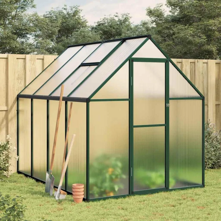Gewächshaus mit Fundamentrahmen Aluminium grün 224x169x195 cm wetterfestes Treibhaus für Garten Balkon Terrasse, UV-beständiges Polycarbonat Pflanzenhaus mit Lüftung und regensicherem – Bild 1
