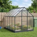 Garten Gewächshaus Anthrazit mit Tür aus Aluminium und verzinktem Stahl 183,5 x 183,5 x 207 cm wetterbeständig stabil begehbar für Tomatenhaus und Gemüseanbau im Freiland auf Balkon oder - Thumbnail 10