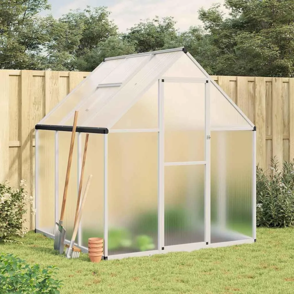 Gewächshaus mit Fundamentrahmen, silbern, 169x169x195 cm, Aluminium und Polycarbonat, UV-beständig, 4 mm Platten, Lüftungsfenster, Regenrinnen, für Tomatenhaus und Frostschutz - Bild 1