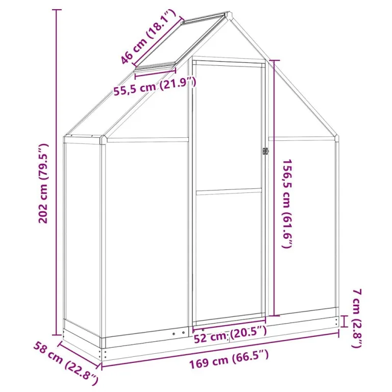 Gewächshaus mit Fundamentrahmen Anthrazit aus Aluminium und Polycarbonat, 169 x 58 x 202 cm, 0,98 m², 4 mm Platten, UV-beständig, Lüftungsfenster, Regenrinnen, Treibhaus für Garten – Bild 8