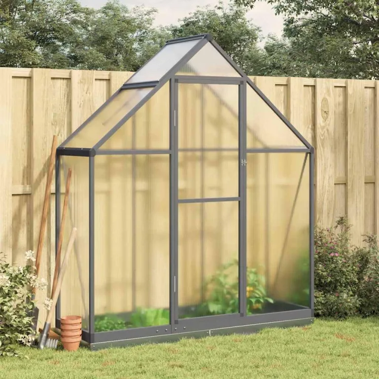 Gewächshaus mit Fundamentrahmen Anthrazit aus Aluminium und Polycarbonat, 169 x 58 x 202 cm, 0,98 m², 4 mm Platten, UV-beständig, Lüftungsfenster, Regenrinnen, Treibhaus für Garten – Bild 1