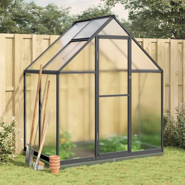 Gewächshaus mit Fundamentrahmen aus Aluminium, anthrazit, 169 x 169 x 195 cm, 4 mm Polycarbonat, UV-beständig, mit Lüftungsfenster, Regenrinnen, für Garten und Beet – Bild 10